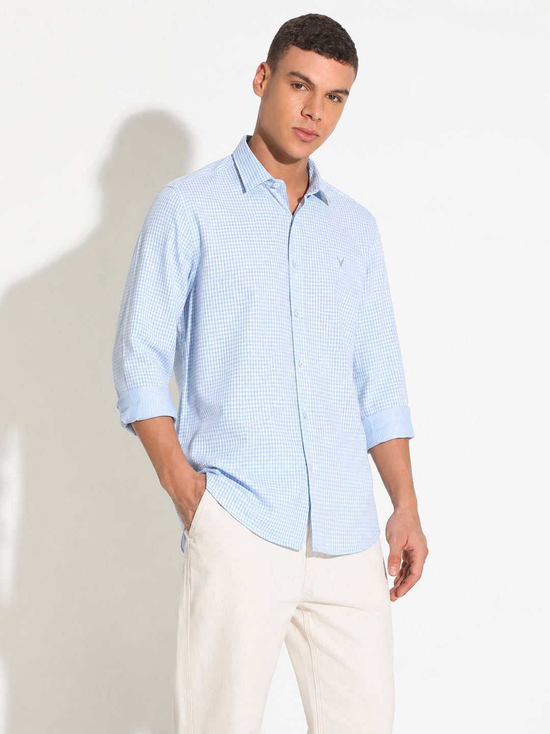 Men’s Micro Checks Blue Slim Fit Long Sleeves Shirt