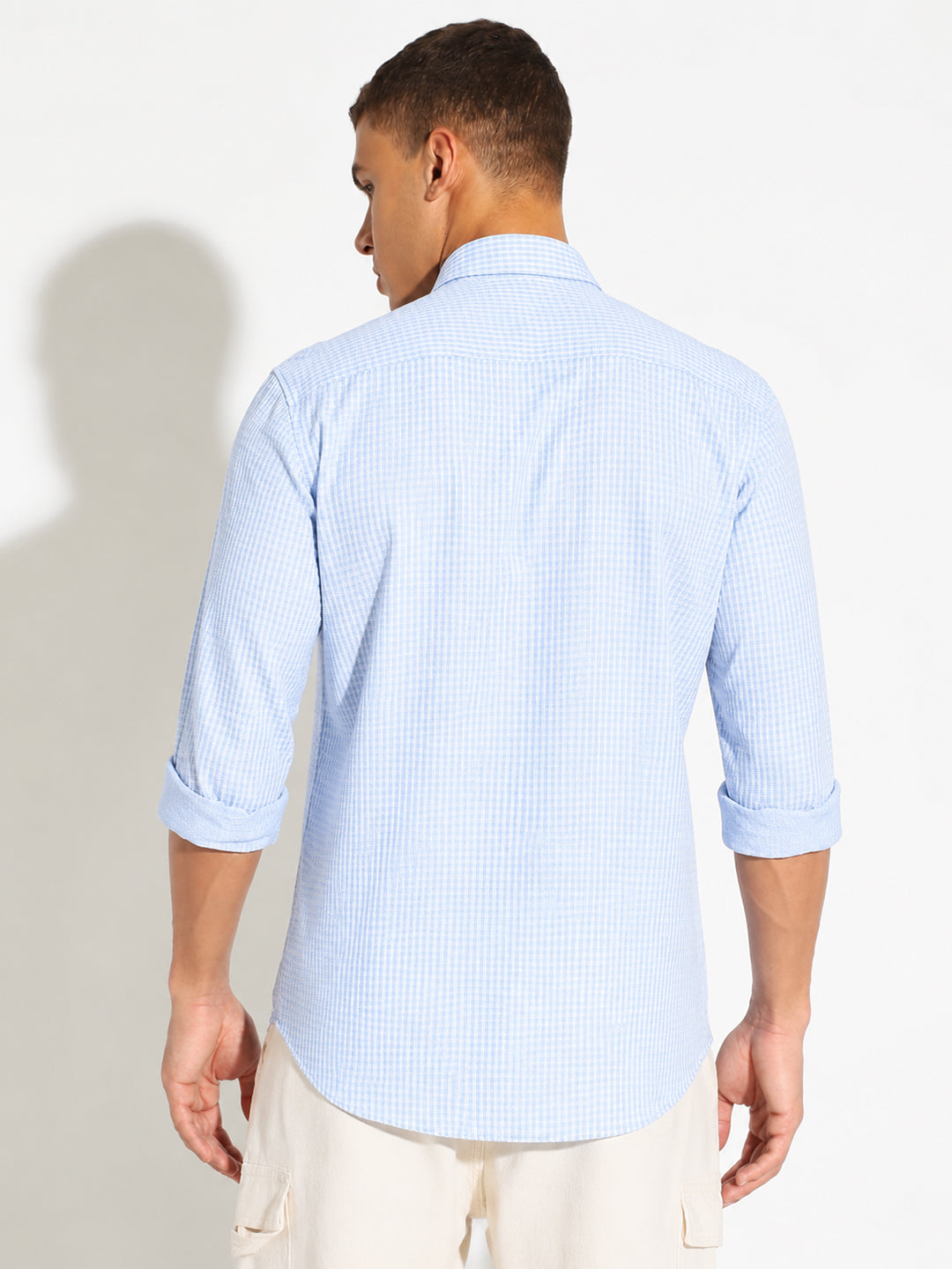 Men’s Micro Checks Blue Slim Fit Long Sleeves Shirt