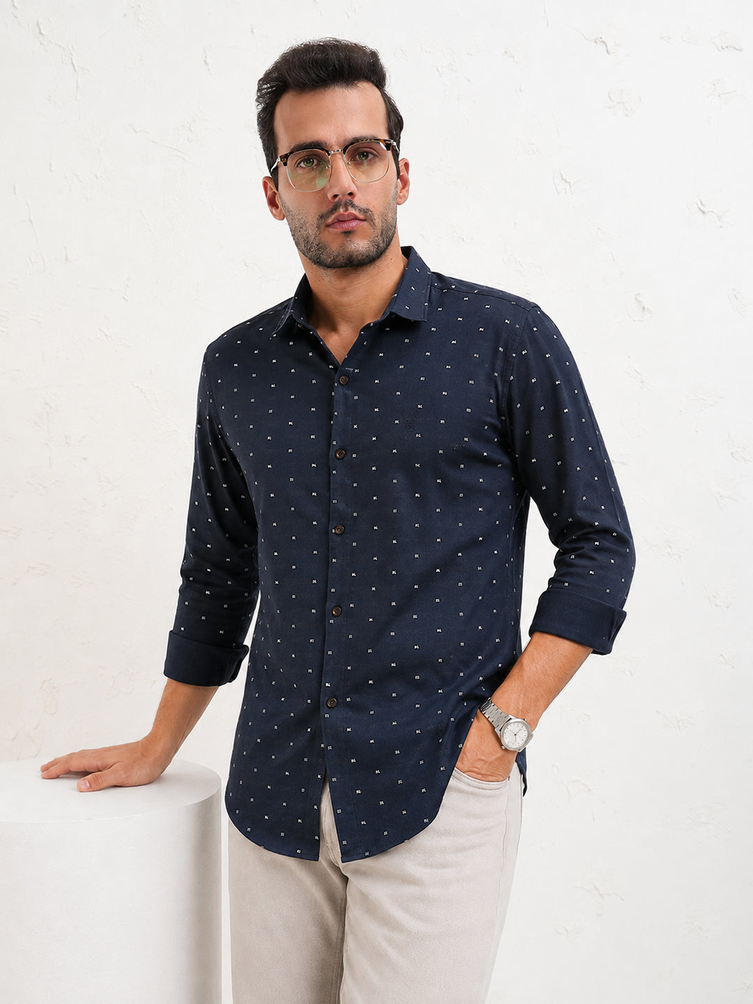 Men’s Micro Print Navy Blue Slim Fit Long Sleeves Shirt