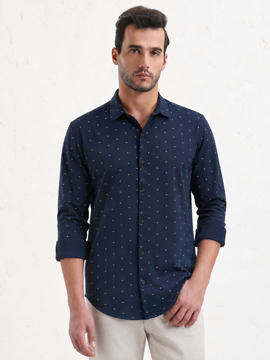 Men’s Micro Print Navy Blue Slim Fit Long Sleeves Shirt