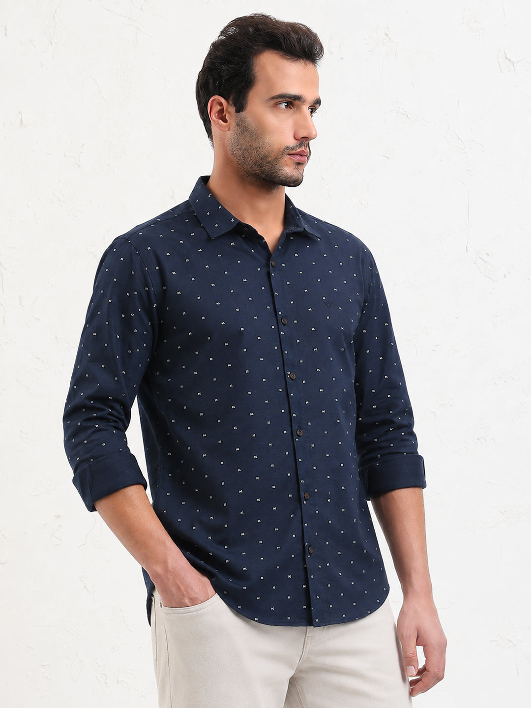 Men’s Micro Print Navy Blue Slim Fit Long Sleeves Shirt