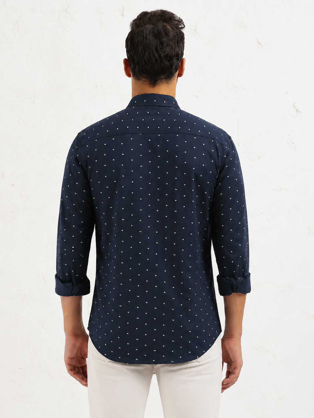 Men’s Micro Print Navy Blue Slim Fit Long Sleeves Shirt