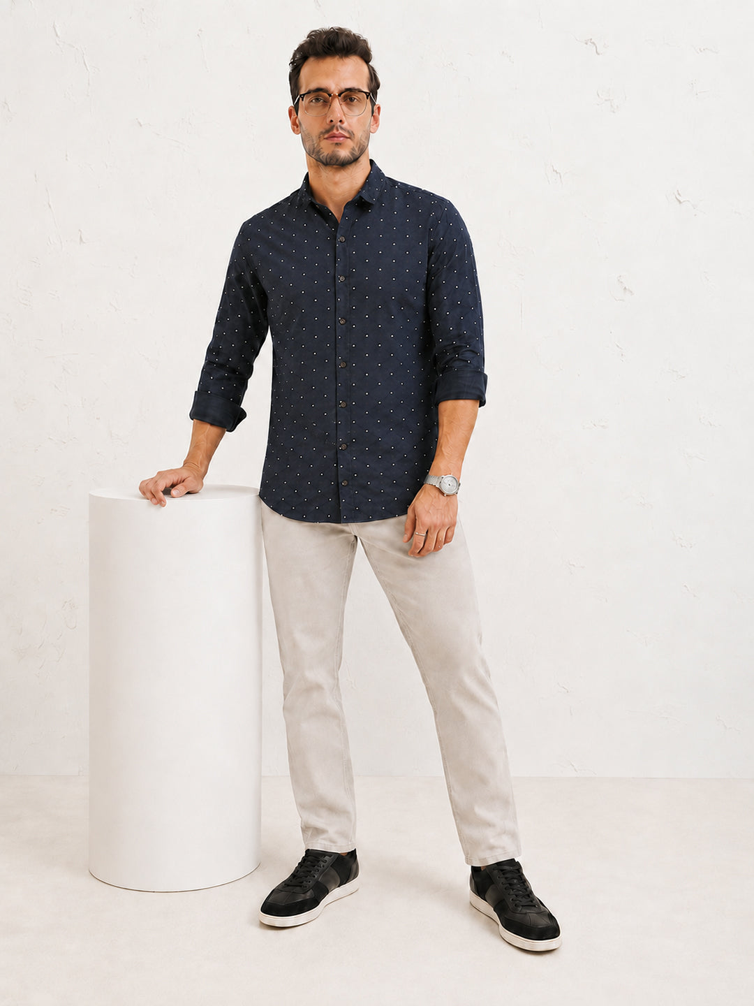 Men’s Micro Print Navy Blue Slim Fit Long Sleeves Shirt