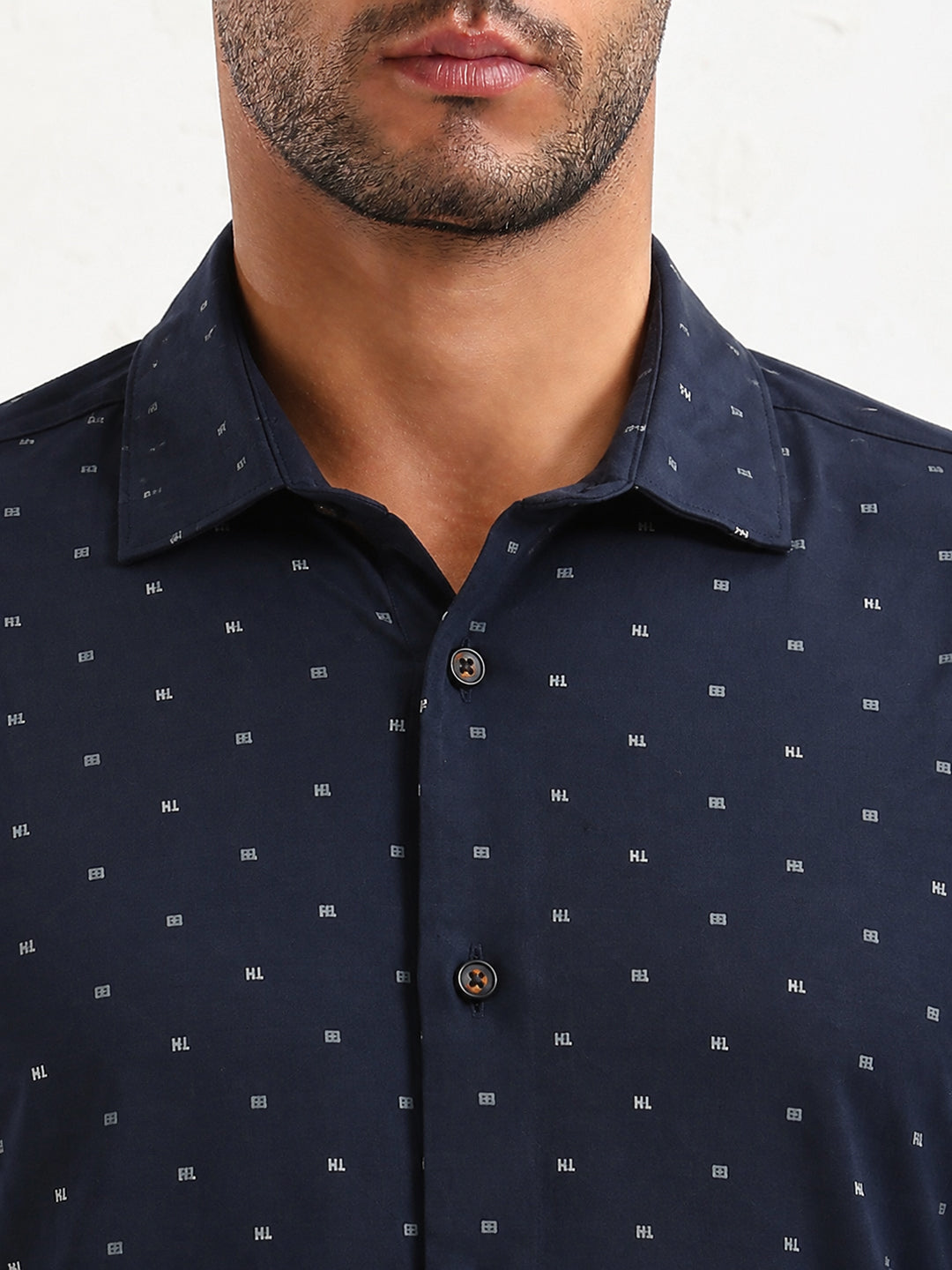 Men’s Micro Print Navy Blue Slim Fit Long Sleeves Shirt