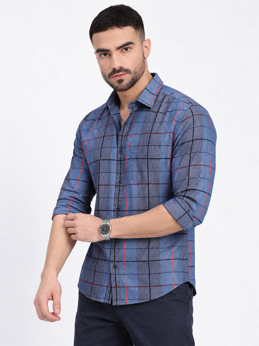 Men’s Tartan Checked Grey Slim Fit Long Sleeves Shirt with Chest Pocket