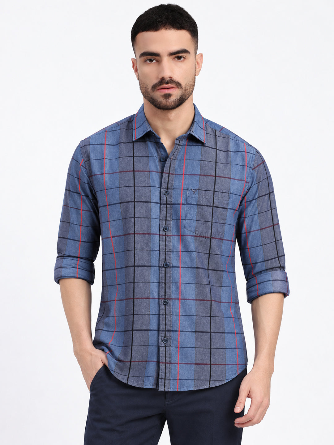 Men’s Tartan Checked Grey Slim Fit Long Sleeves Shirt with Chest Pocket