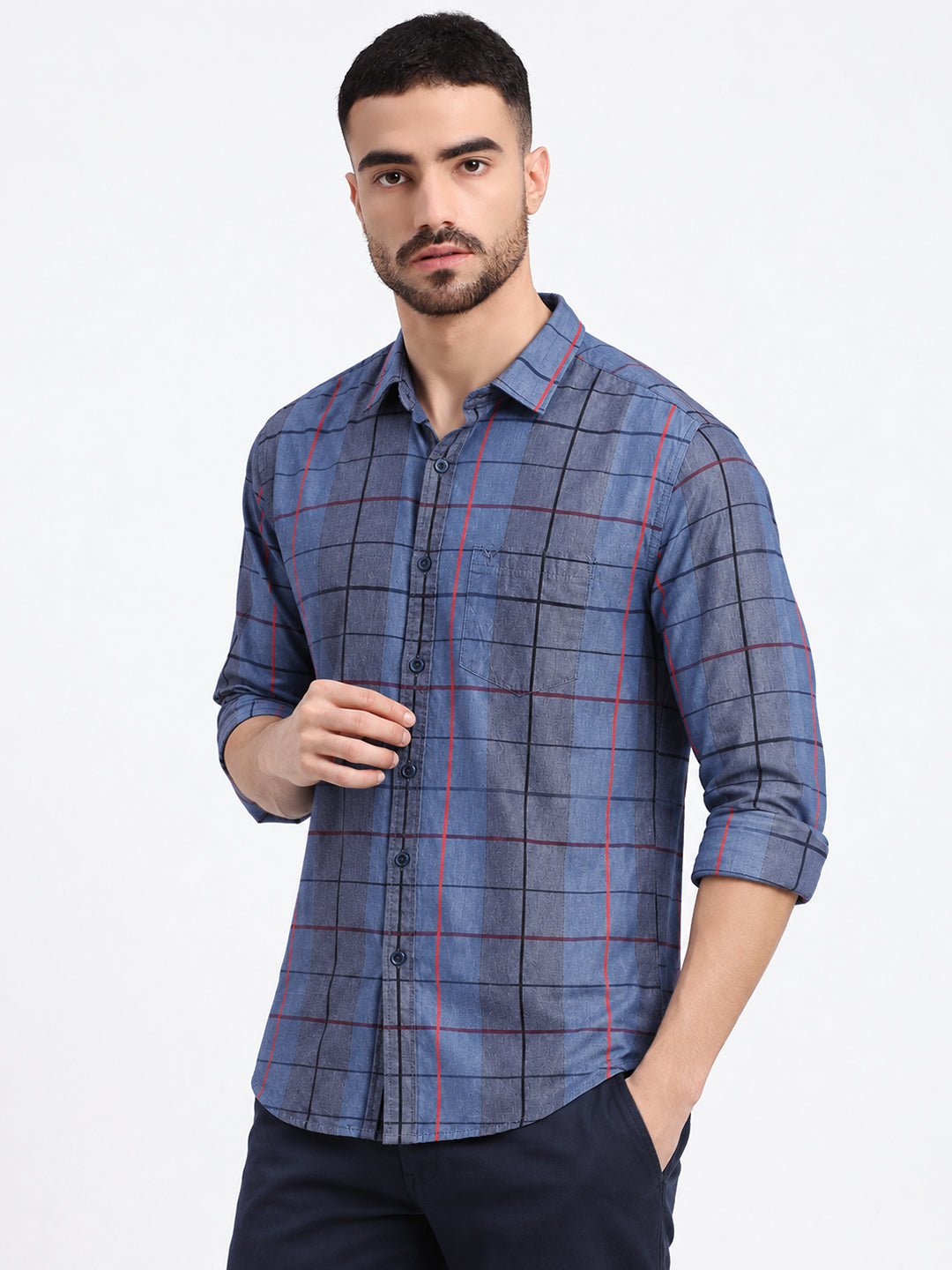 Men’s Tartan Checked Grey Slim Fit Long Sleeves Shirt with Chest Pocket