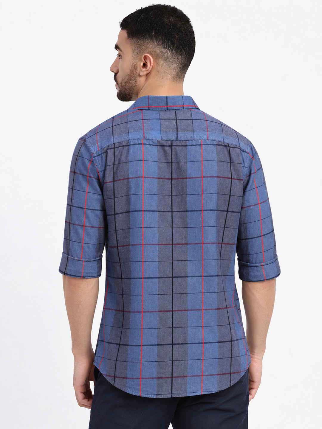 Men’s Tartan Checked Grey Slim Fit Long Sleeves Shirt with Chest Pocket