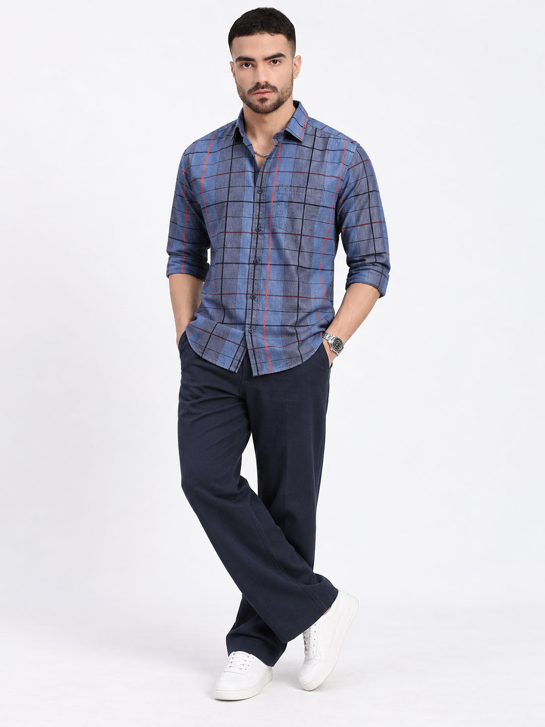 Men’s Tartan Checked Grey Slim Fit Long Sleeves Shirt with Chest Pocket