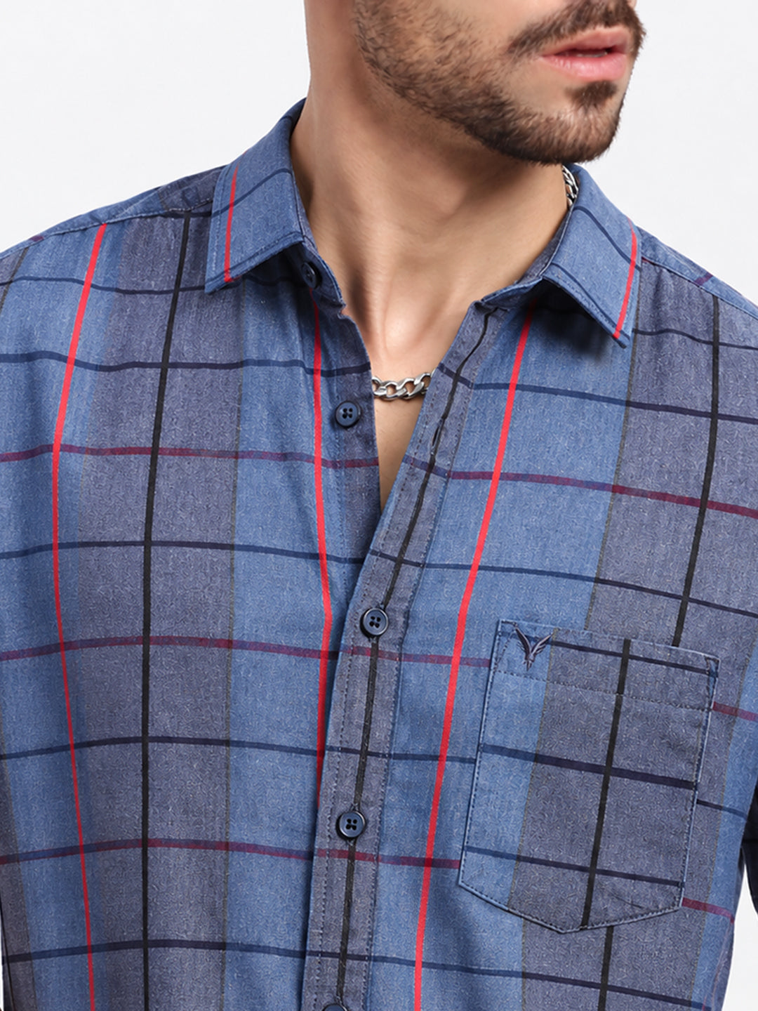 Men’s Tartan Checked Grey Slim Fit Long Sleeves Shirt with Chest Pocket