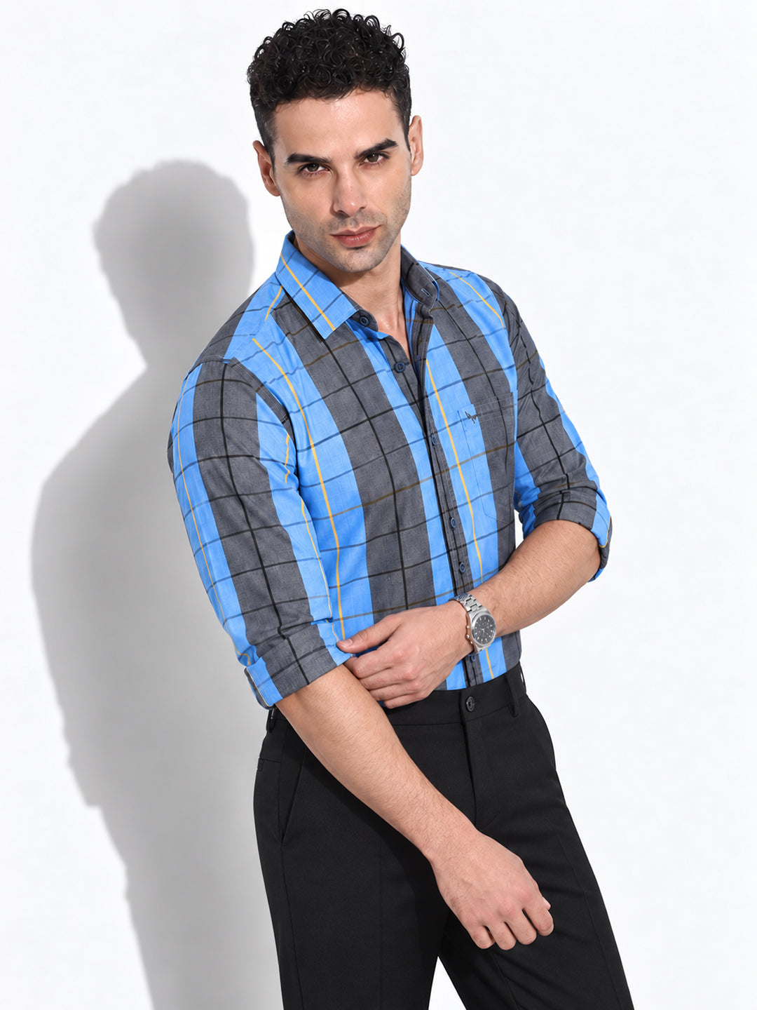 Men’s Striped Blue Slim Fit Long Sleeves Shirt with Chest Pocket
