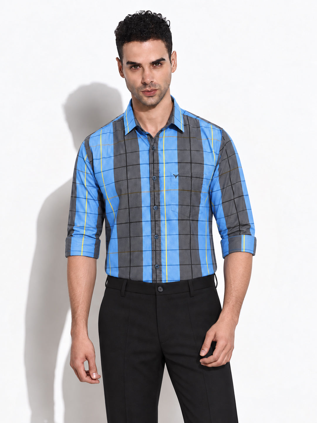 Men’s Striped Blue Slim Fit Long Sleeves Shirt with Chest Pocket
