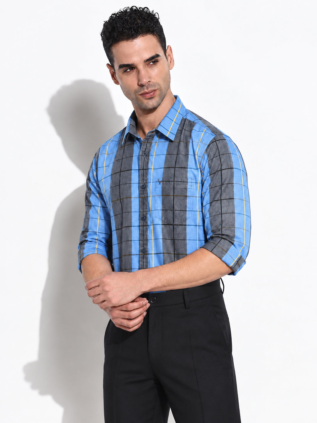 Men’s Striped Blue Slim Fit Long Sleeves Shirt with Chest Pocket