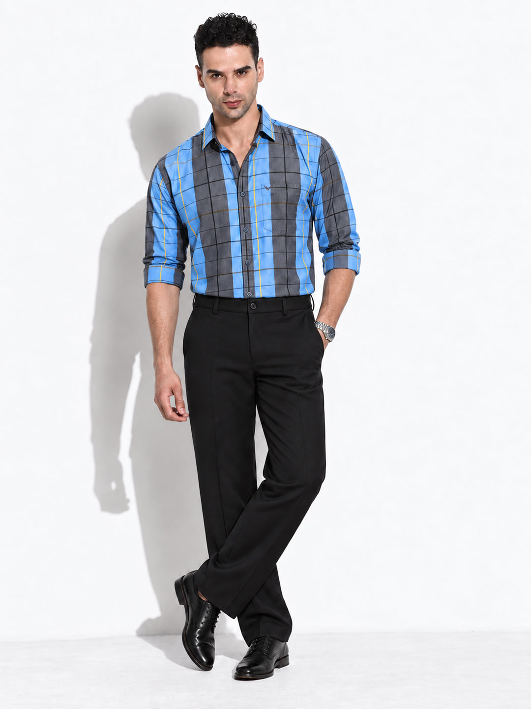 Men’s Striped Blue Slim Fit Long Sleeves Shirt with Chest Pocket