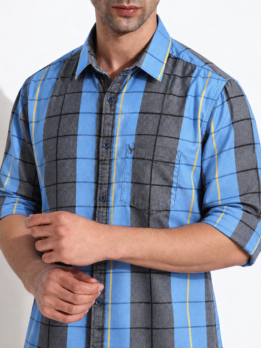 Men’s Striped Blue Slim Fit Long Sleeves Shirt with Chest Pocket