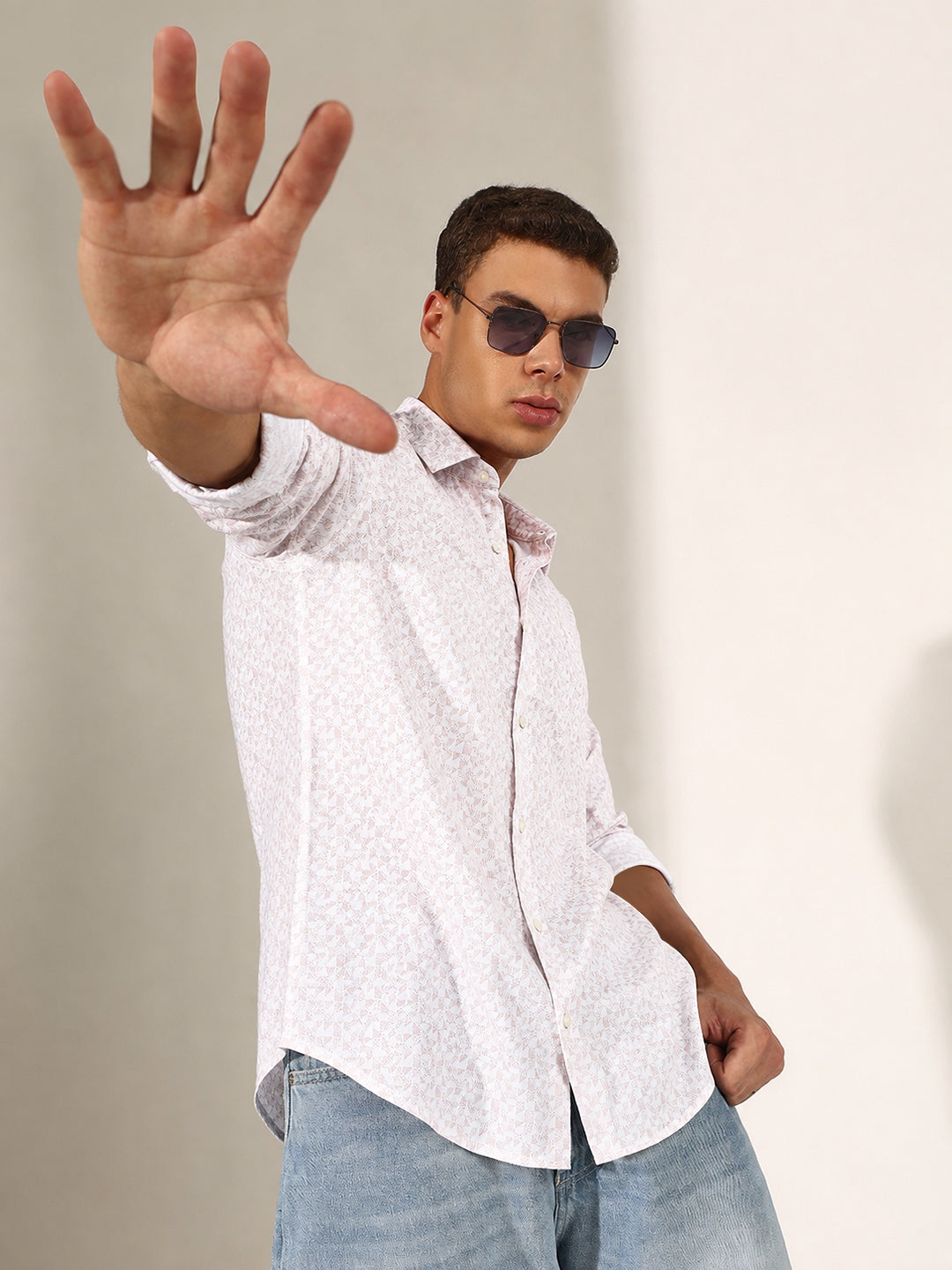 Men’s Micro Printed White Slim Fit Long Sleeves Casual Shirt