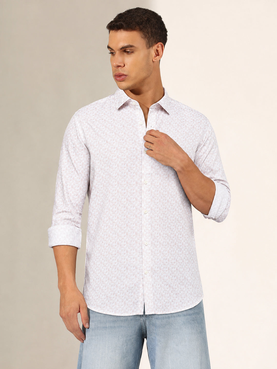 Men’s Micro Printed White Slim Fit Long Sleeves Casual Shirt