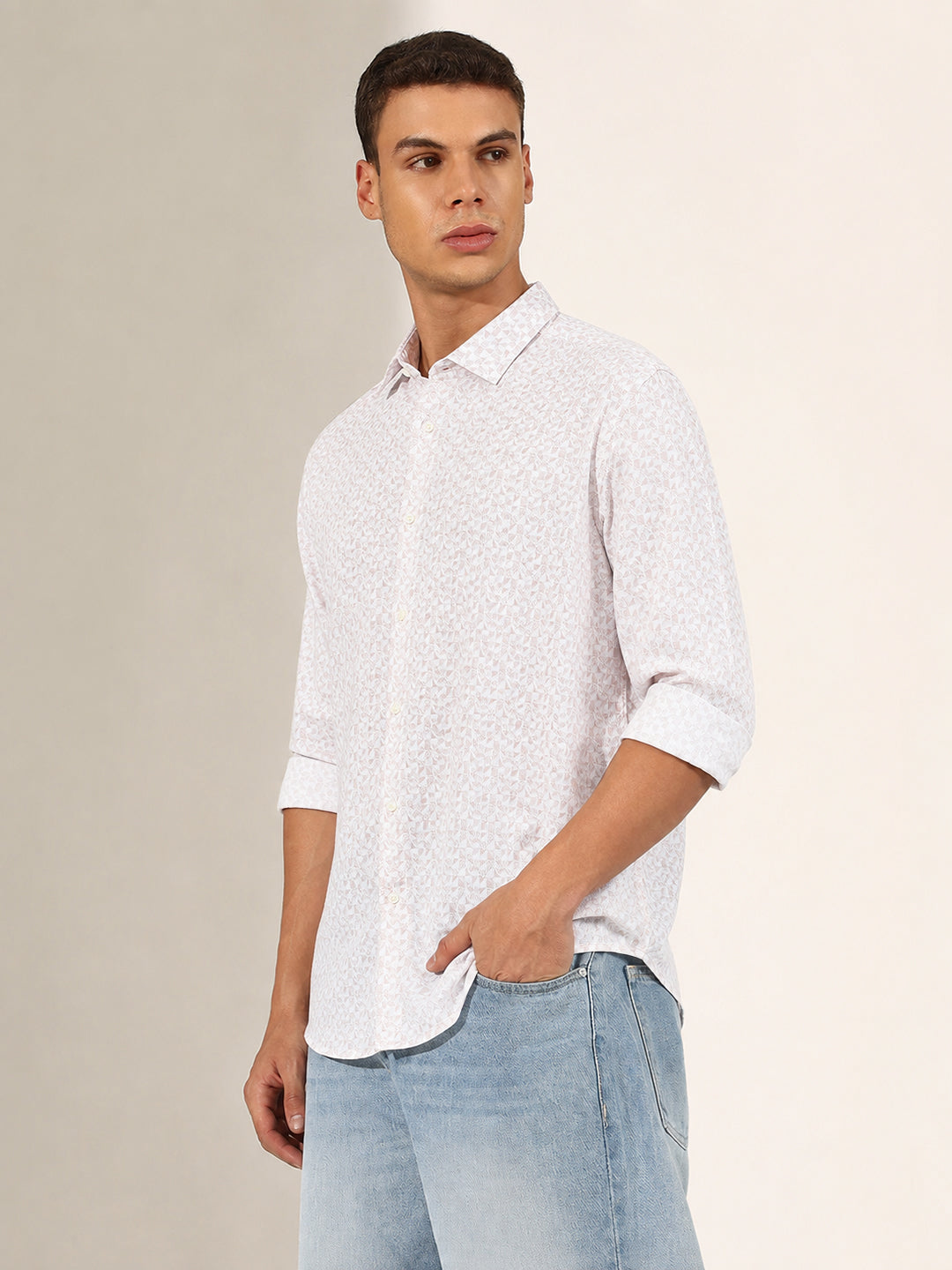 Men’s Micro Printed White Slim Fit Long Sleeves Casual Shirt