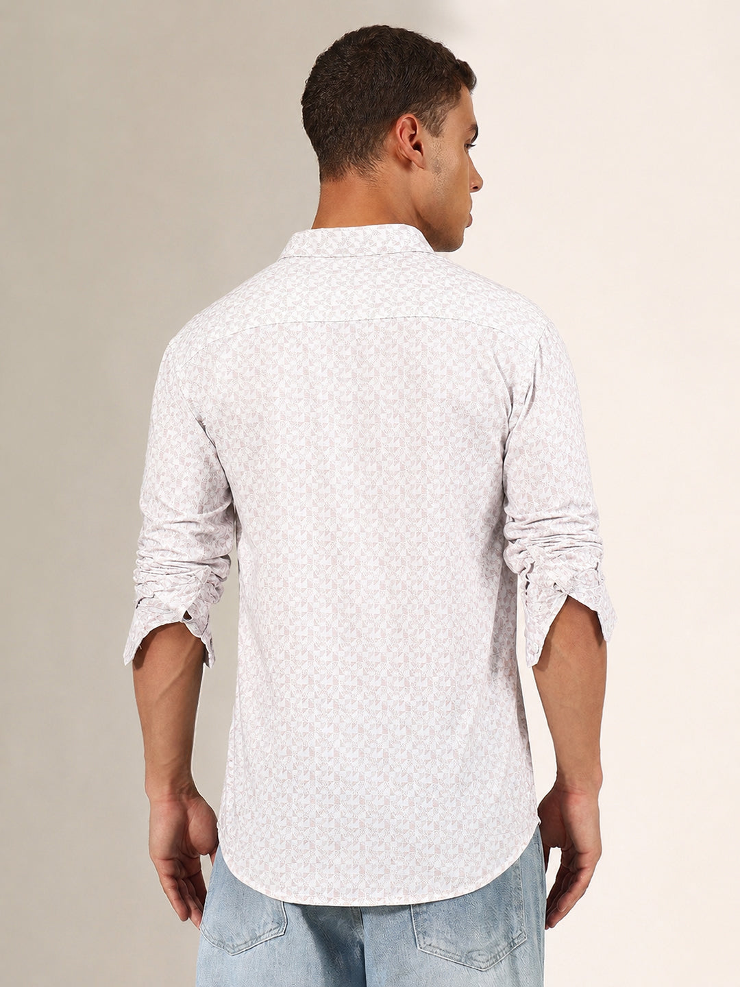 Men’s Micro Printed White Slim Fit Long Sleeves Casual Shirt