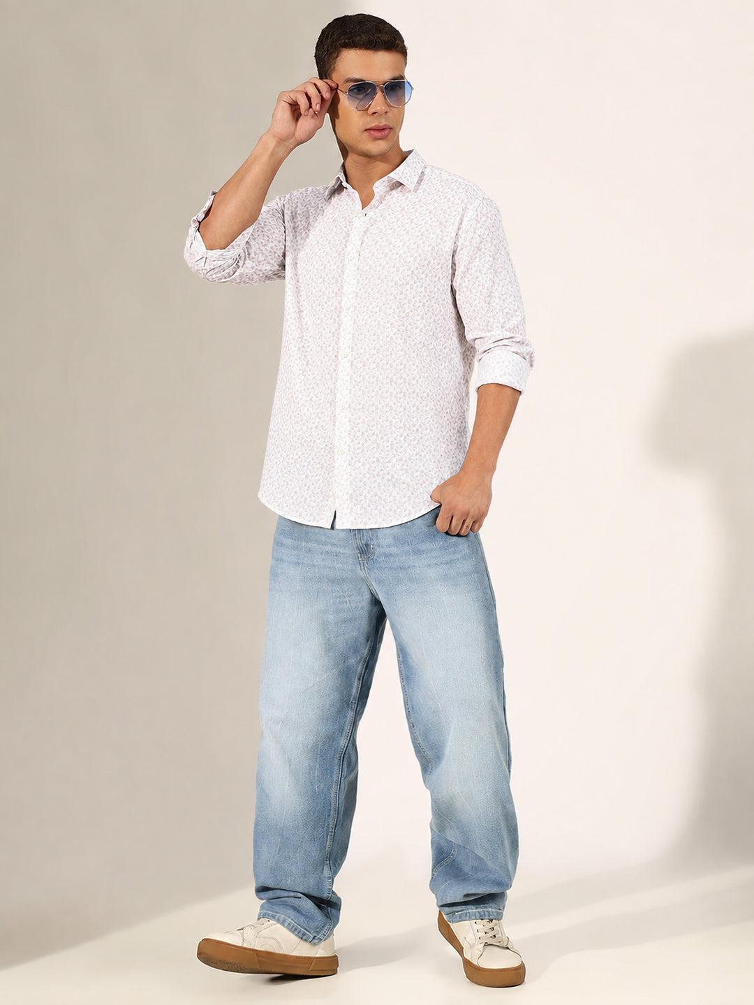 Men’s Micro Printed White Slim Fit Long Sleeves Casual Shirt