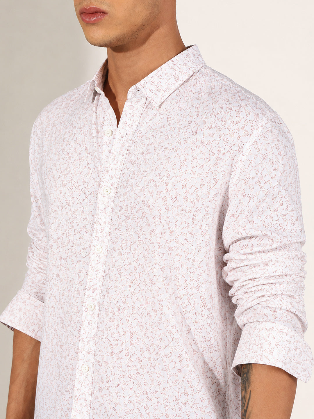 Men’s Micro Printed White Slim Fit Long Sleeves Casual Shirt