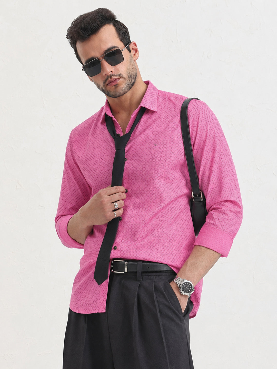 Men’s Micro Printed Pink Slim Fit Long Sleeve Casual Shirt