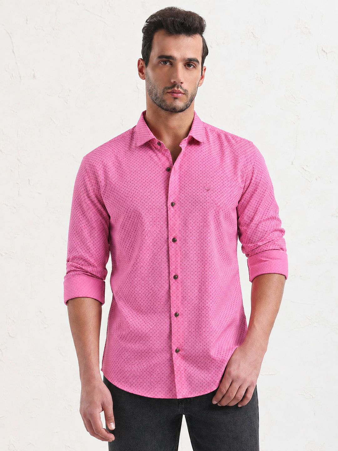 Men’s Micro Printed Pink Slim Fit Long Sleeve Casual Shirt