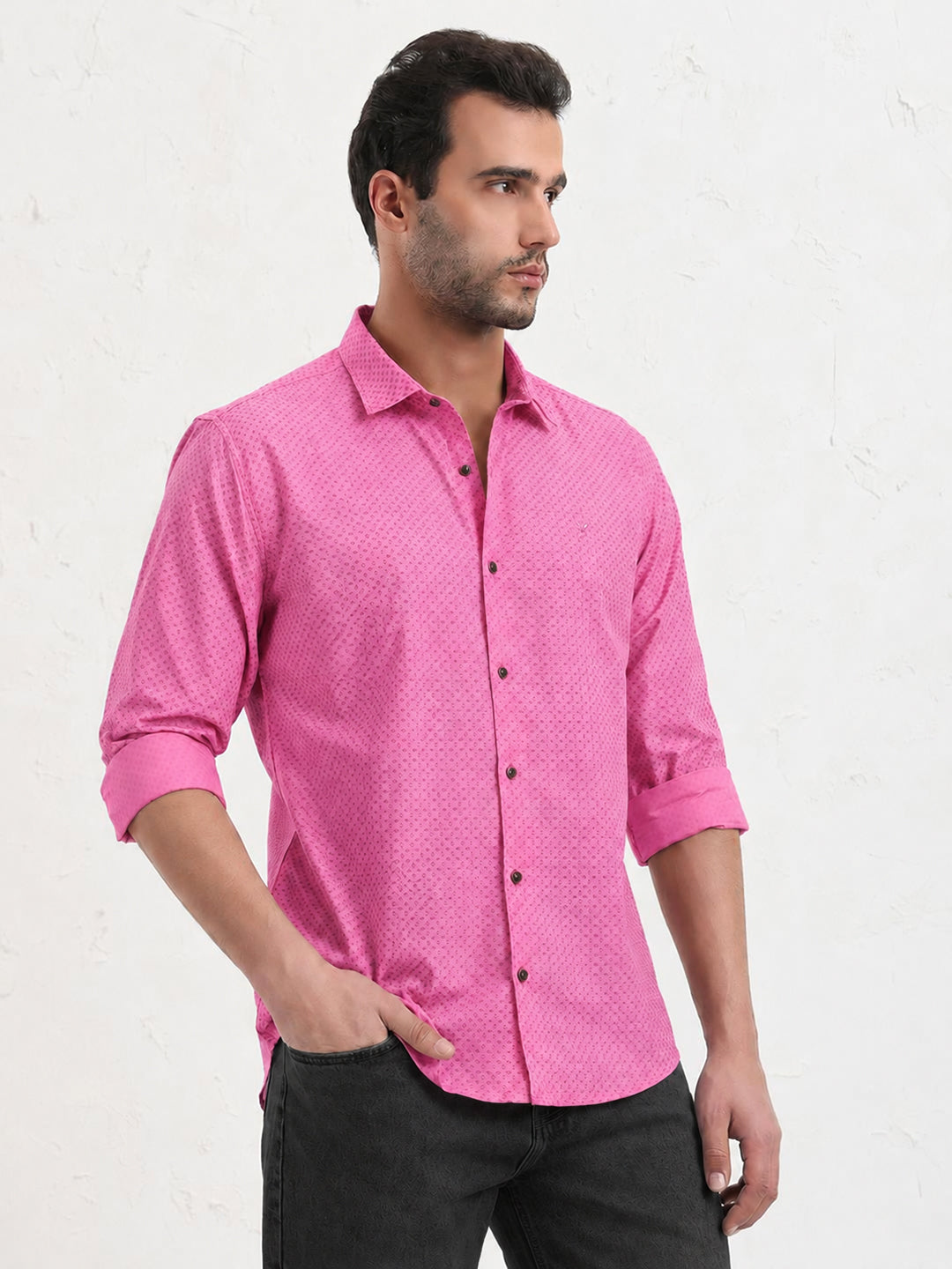 Men’s Micro Printed Pink Slim Fit Long Sleeve Casual Shirt