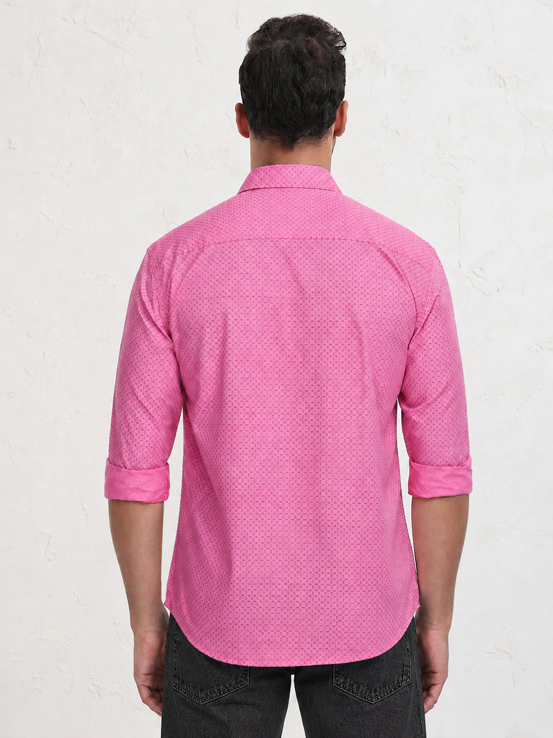 Men’s Micro Printed Pink Slim Fit Long Sleeve Casual Shirt