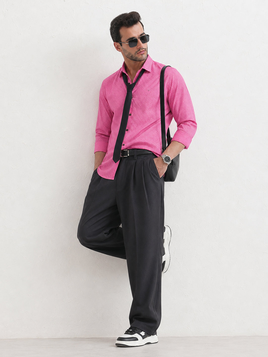 Men’s Micro Printed Pink Slim Fit Long Sleeve Casual Shirt