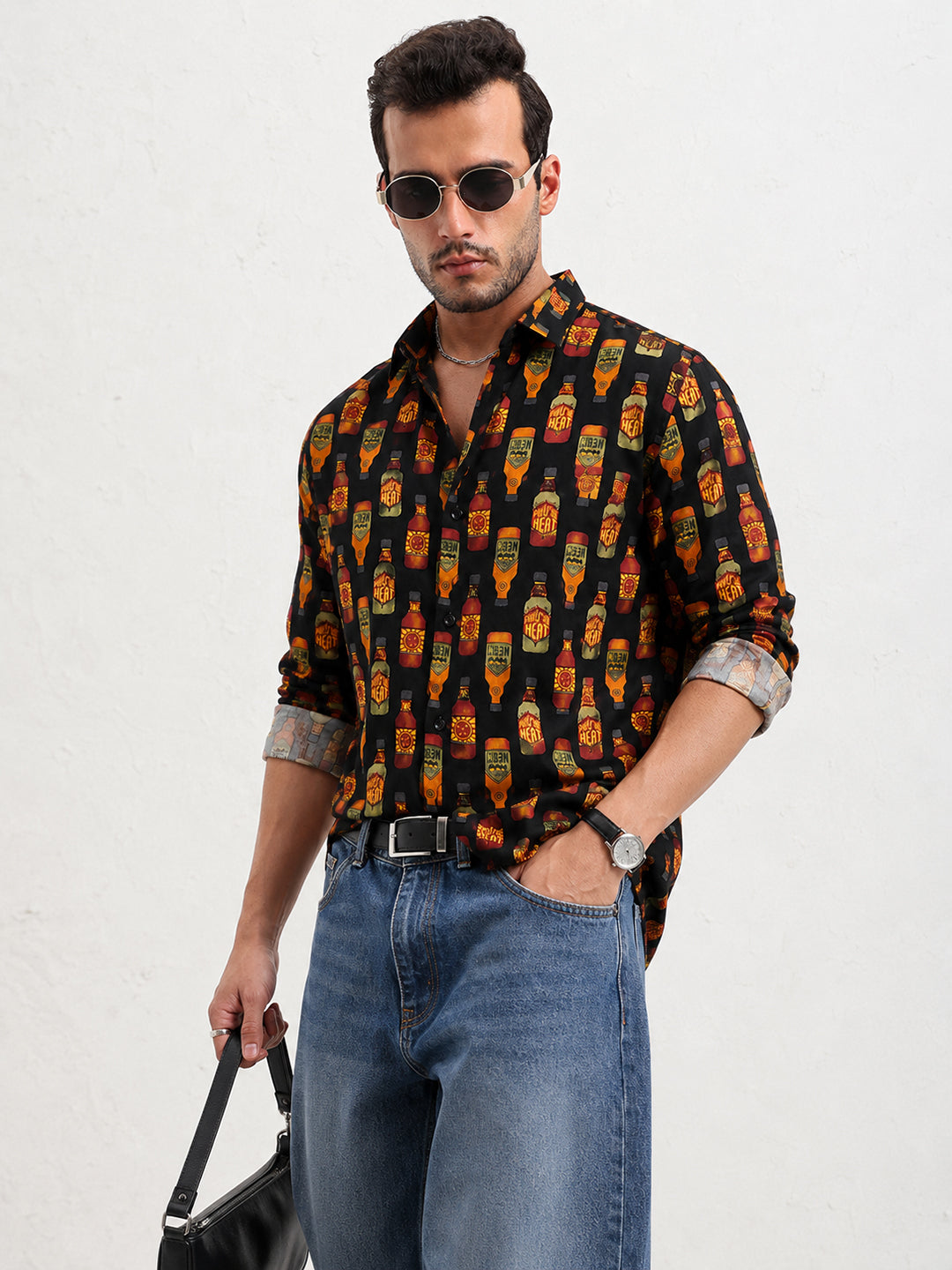 Men’s Graphic Printed Black Slim Fit Long Sleeve Casual Shirt