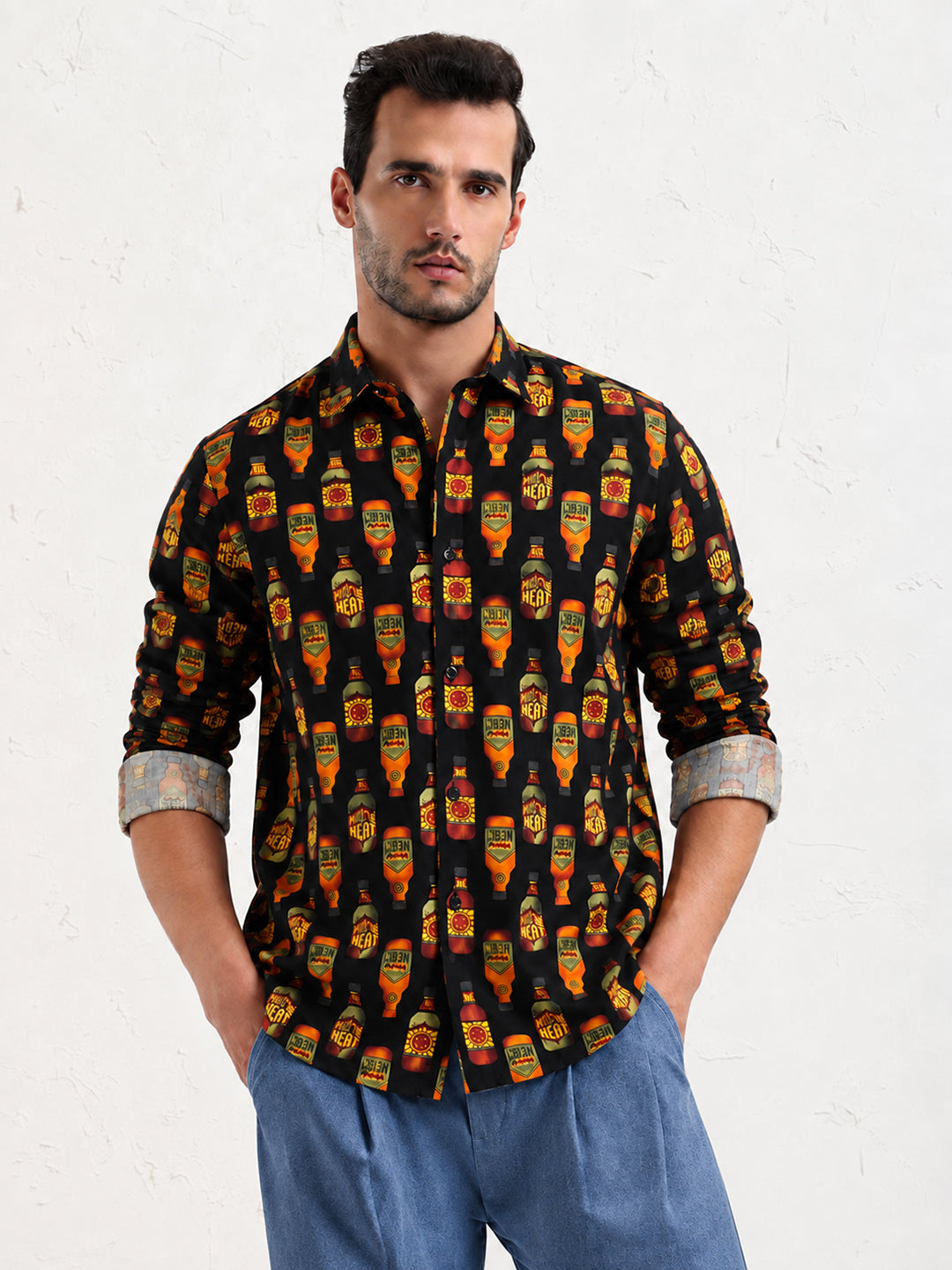 Men’s Graphic Printed Black Slim Fit Long Sleeve Casual Shirt