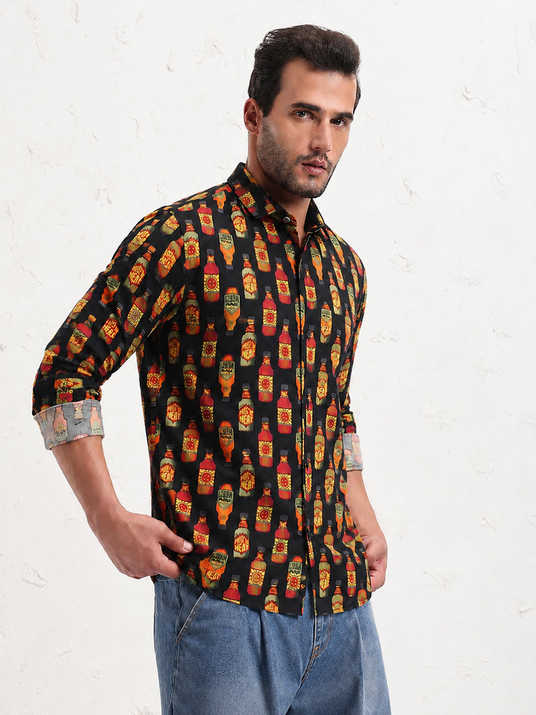Men’s Graphic Printed Black Slim Fit Long Sleeve Casual Shirt
