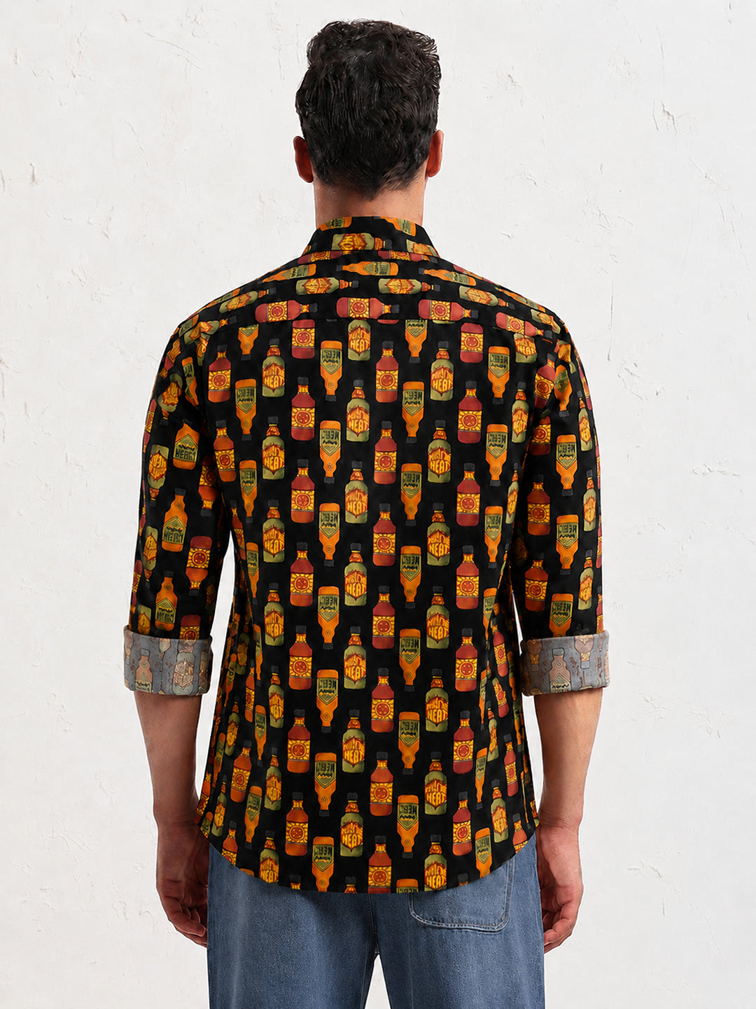 Men’s Graphic Printed Black Slim Fit Long Sleeve Casual Shirt