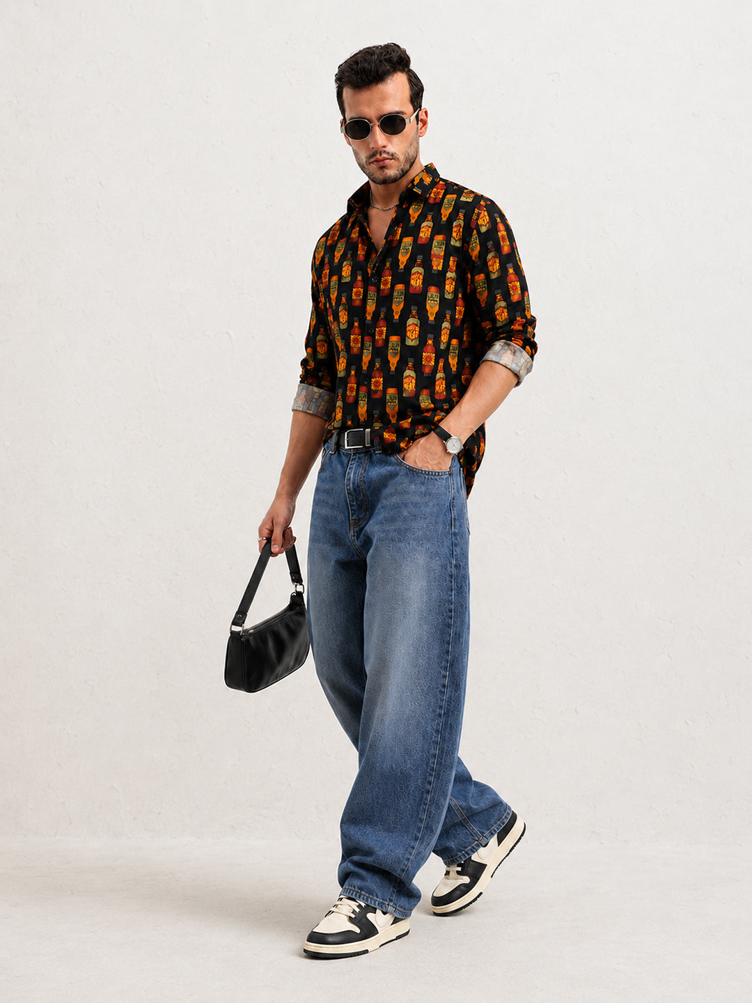 Men’s Graphic Printed Black Slim Fit Long Sleeve Casual Shirt