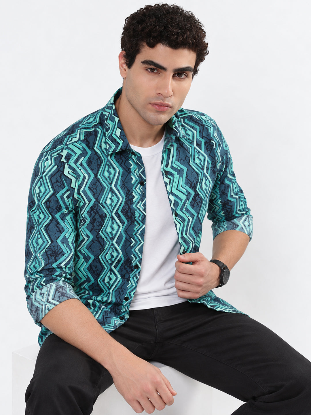 Men’s Geometric Printed Green Slim Fit Long Sleeves Casual Shirt