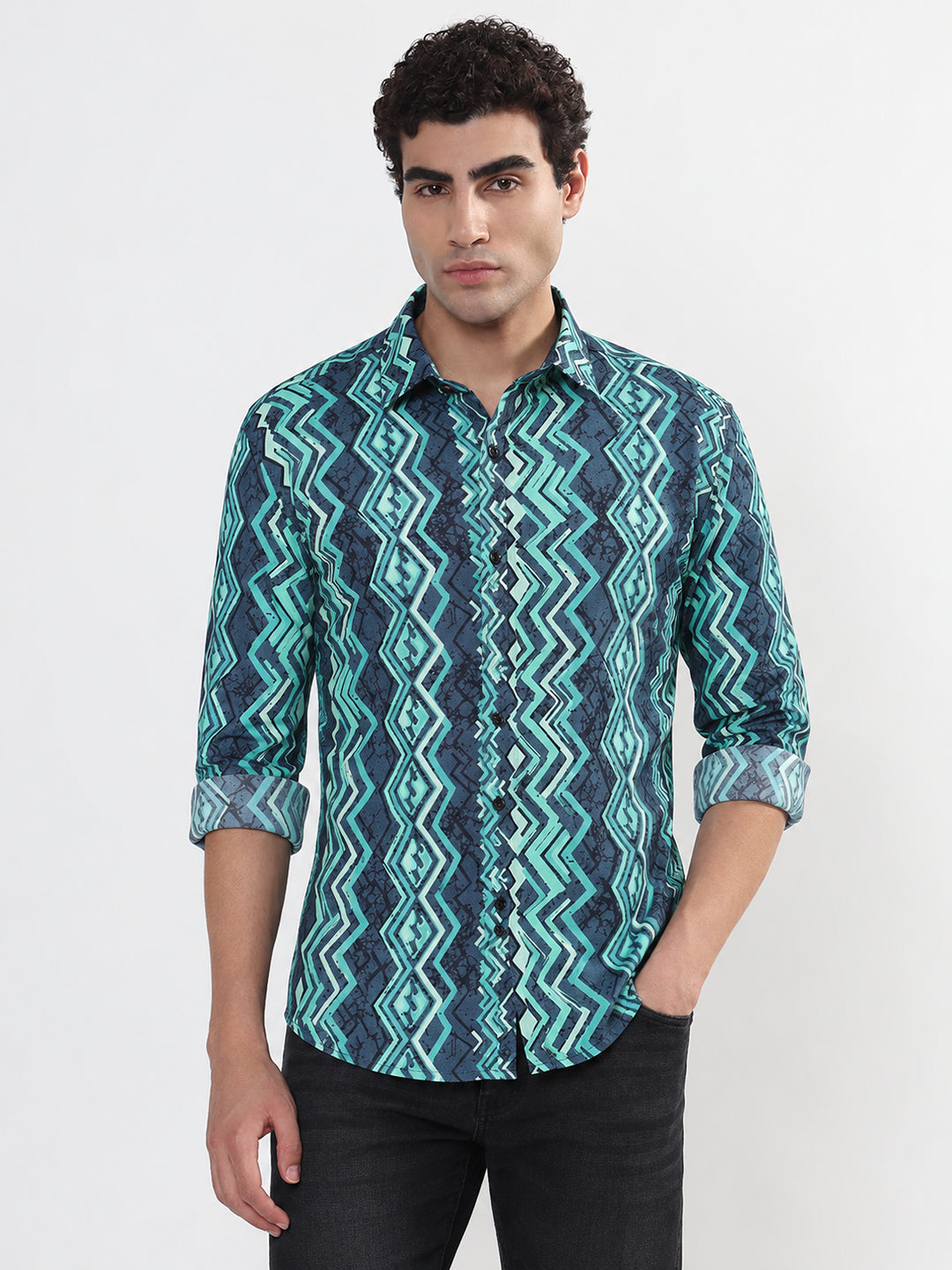 Men’s Geometric Printed Green Slim Fit Long Sleeves Casual Shirt