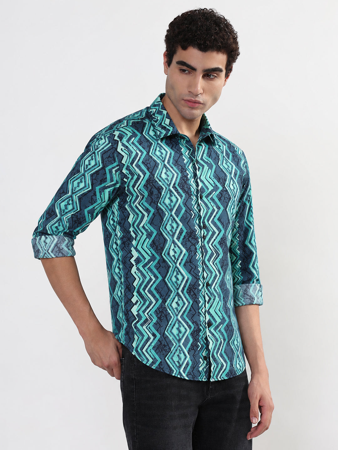 Men’s Geometric Printed Green Slim Fit Long Sleeves Casual Shirt