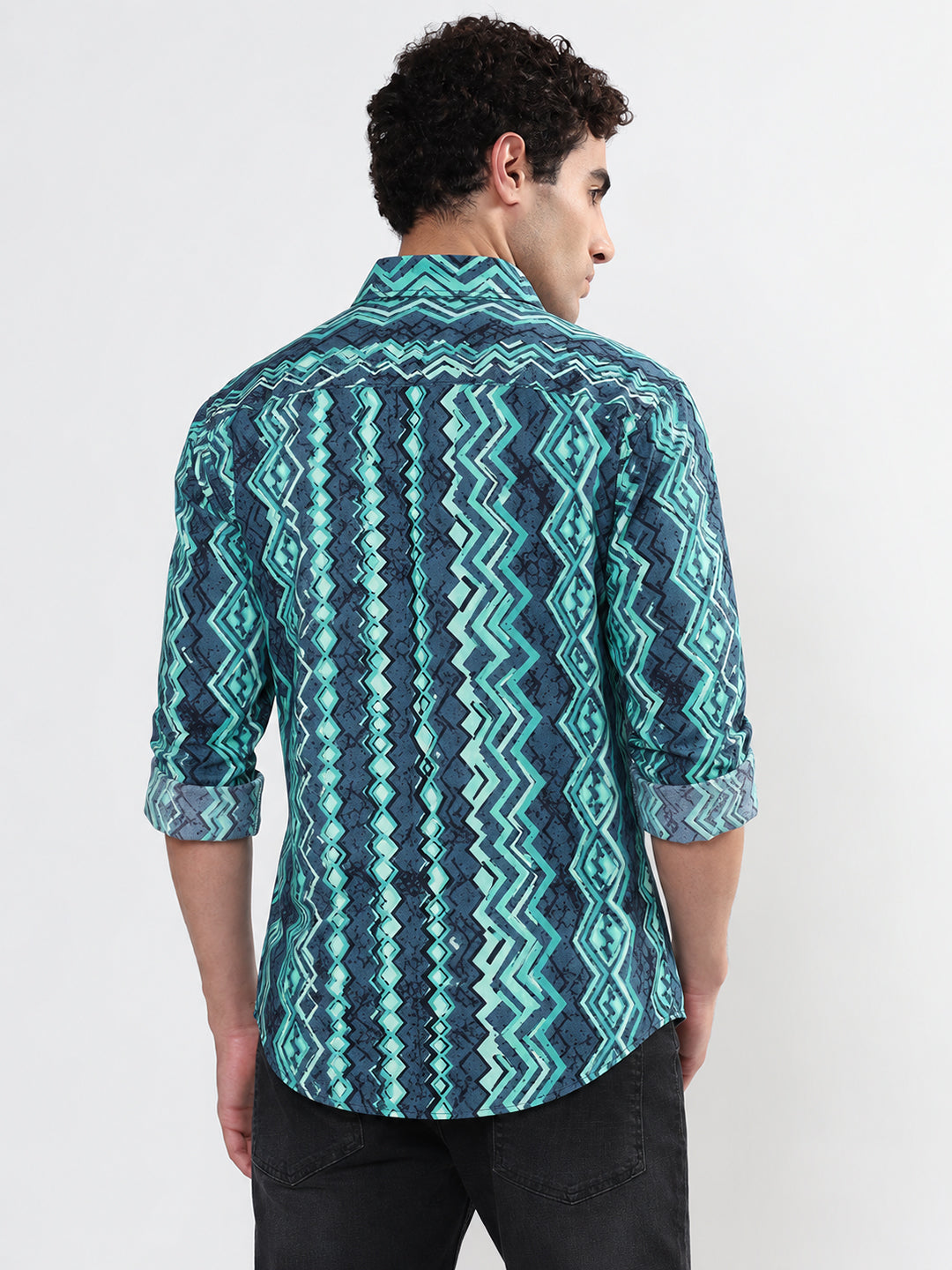 Men’s Geometric Printed Green Slim Fit Long Sleeves Casual Shirt