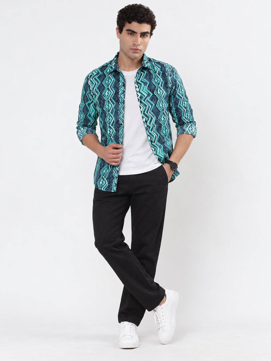 Men’s Geometric Printed Green Slim Fit Long Sleeves Casual Shirt
