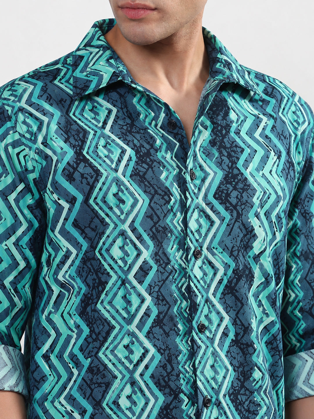 Men’s Geometric Printed Green Slim Fit Long Sleeves Casual Shirt