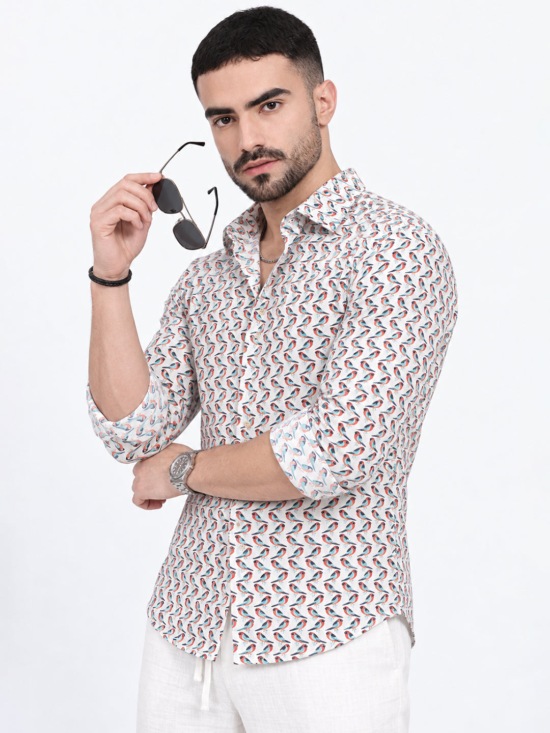 Men’s Graphic Printed White Long Sleeves Casual Shirt
