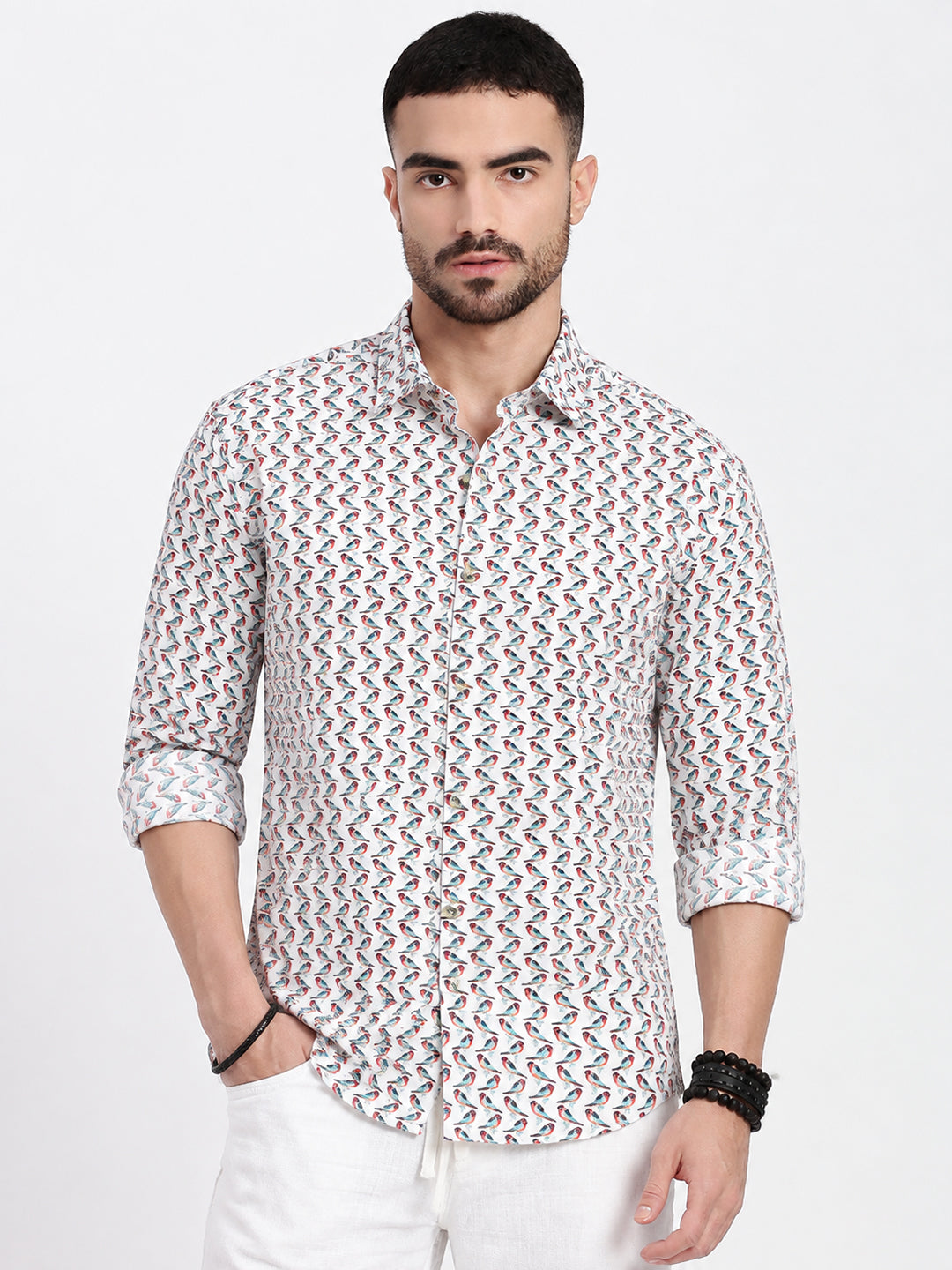 Men’s Graphic Printed White Long Sleeves Casual Shirt