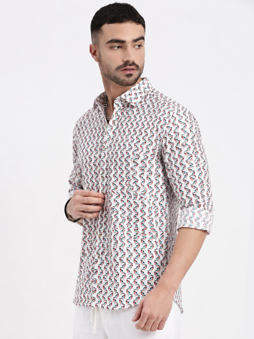 Men’s Graphic Printed White Long Sleeves Casual Shirt