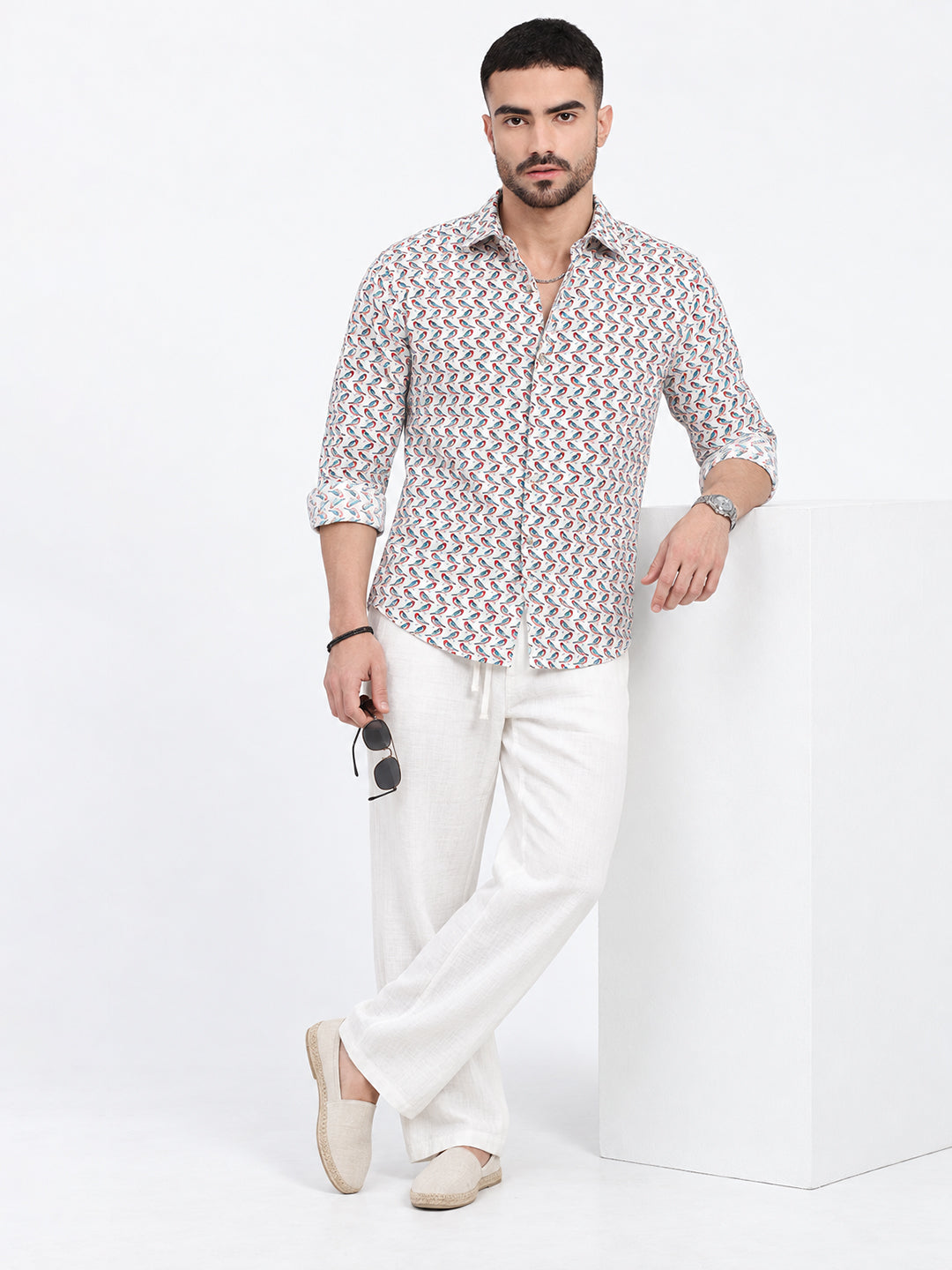 Men’s Graphic Printed White Long Sleeves Casual Shirt