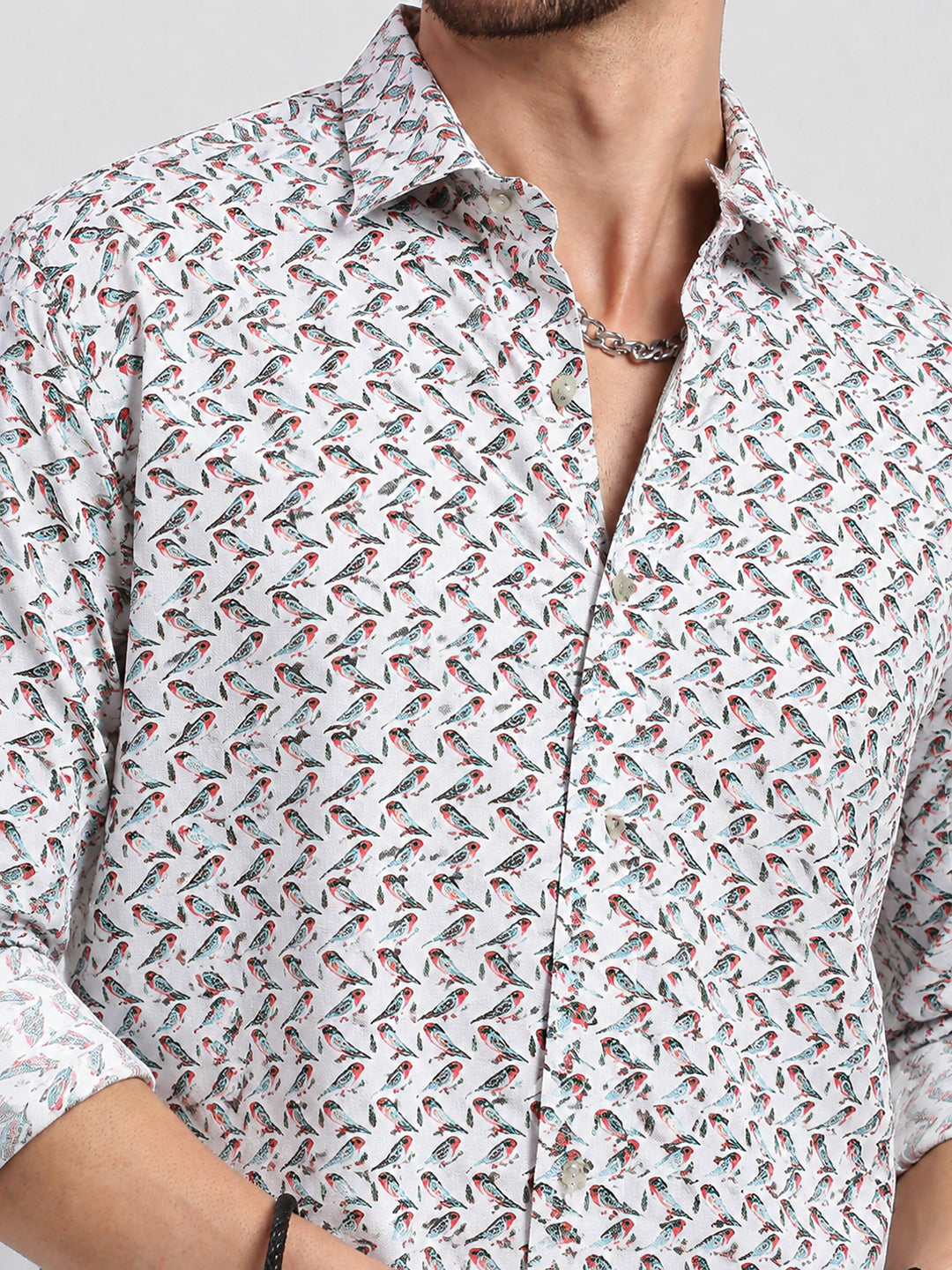 Men’s Graphic Printed White Long Sleeves Casual Shirt