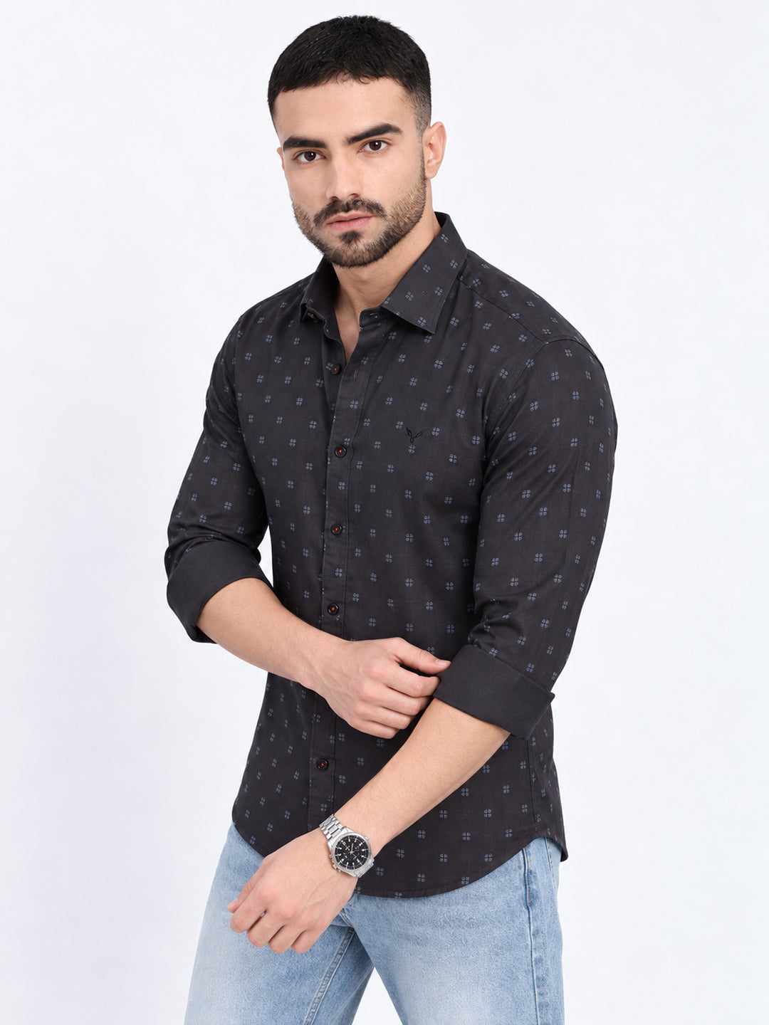 Men’s Geometric Printed Black Slim Fit Long Sleeves Casual Shirt