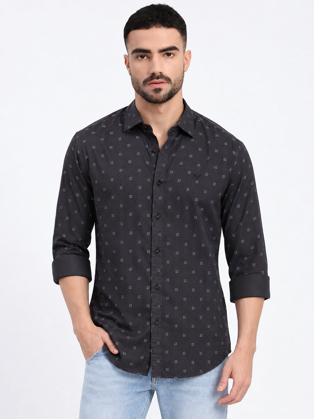 Men’s Geometric Printed Black Slim Fit Long Sleeves Casual Shirt