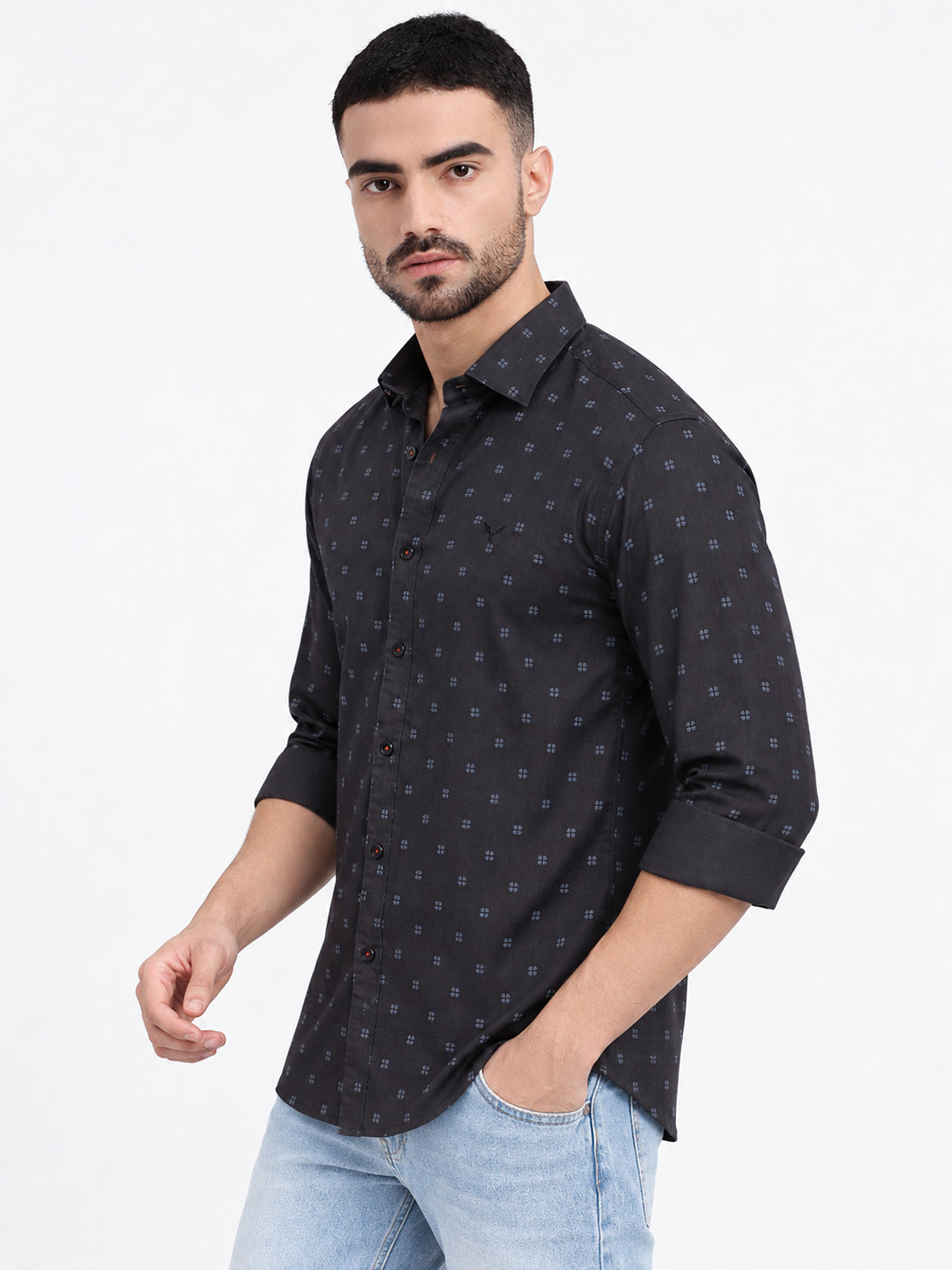 Men’s Geometric Printed Black Slim Fit Long Sleeves Casual Shirt