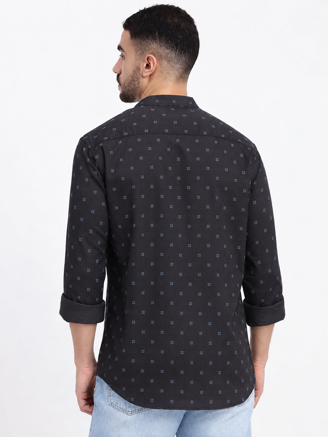 Men’s Geometric Printed Black Slim Fit Long Sleeves Casual Shirt